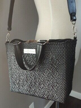 Classy Black Woven Purse with Tan Drawstring Interior, Silver Accents